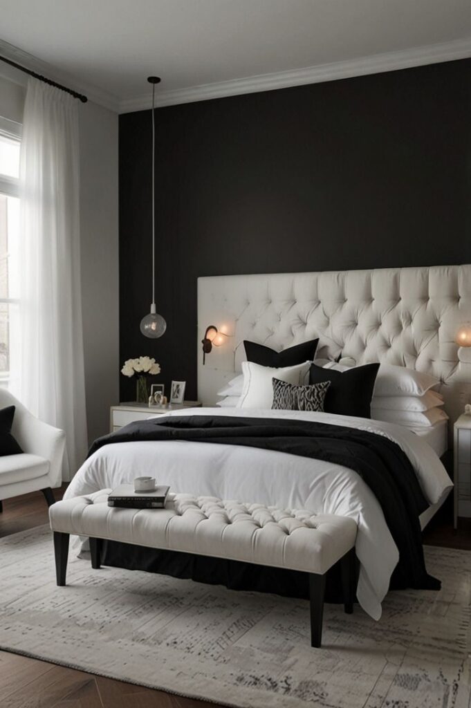 Quarto com parede preta e cama branca