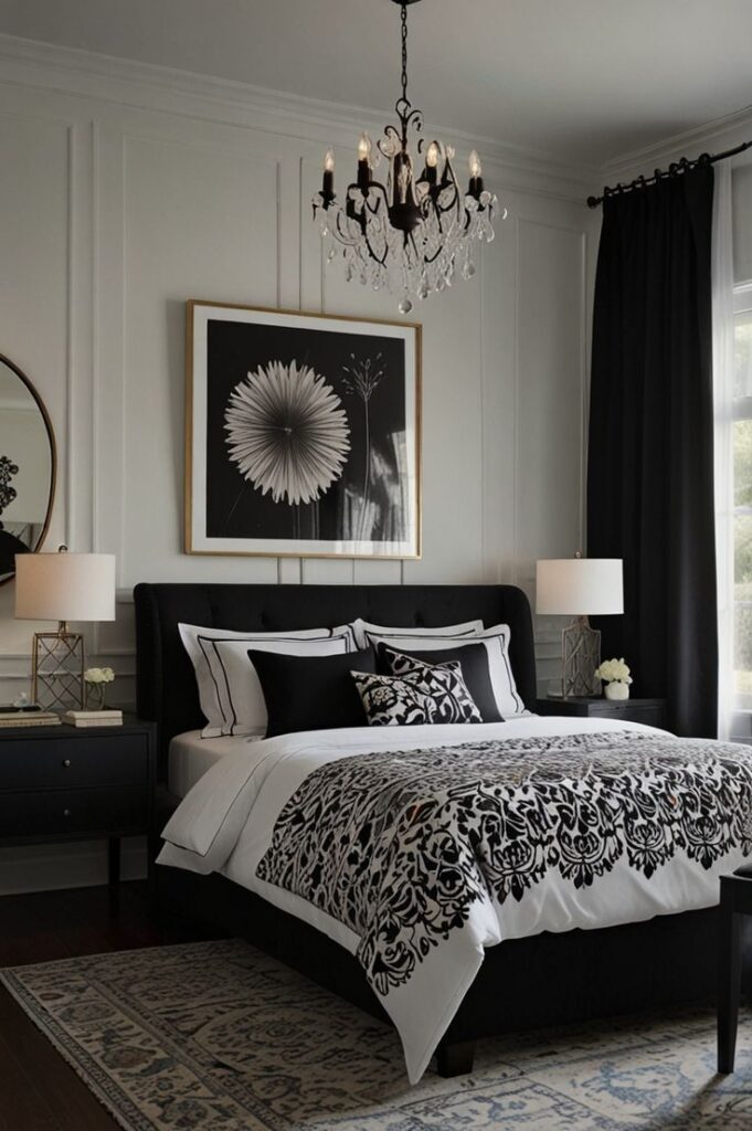 Quarto com parede branca, cama e cortinas pretas e quadro com borda dourada