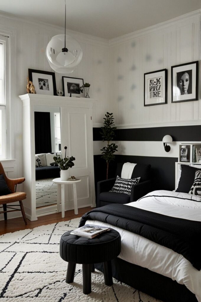 Quarto em branco e preto com armário branco, cabeceira preta e elementos decorativos nas duas cores