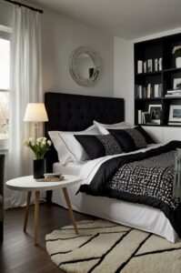 Quarto com parede branca, cabeceira e estante pretas, e tapete bege com preto
