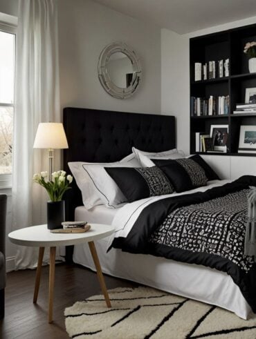 Quarto com parede branca, cabeceira e estante pretas, e tapete bege com preto