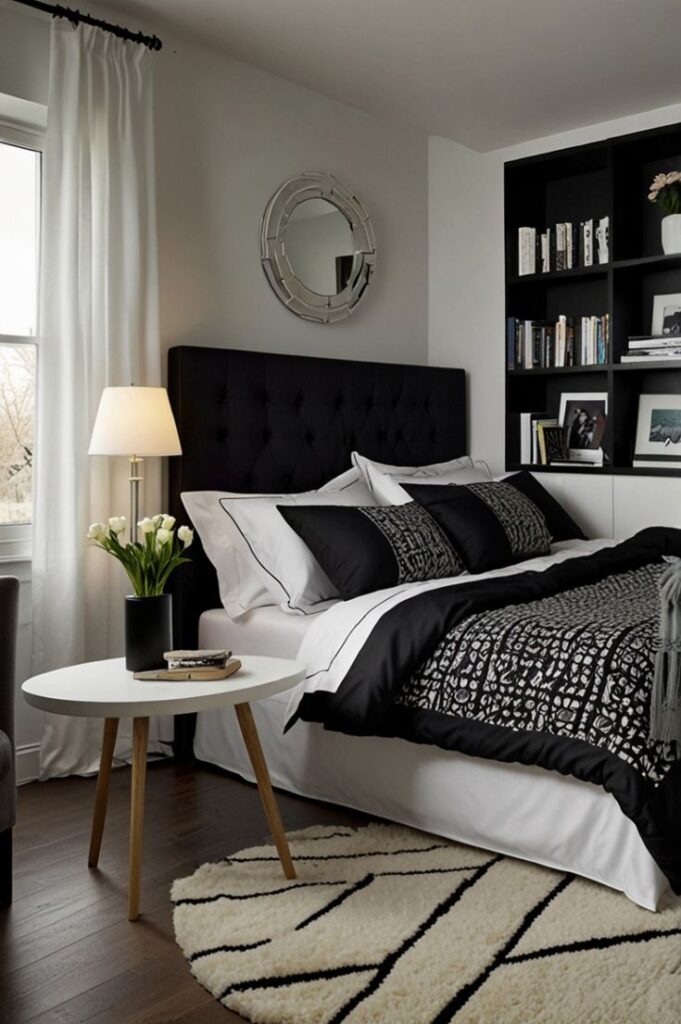 Quarto com parede branca, cabeceira e estante pretas, e tapete bege com preto