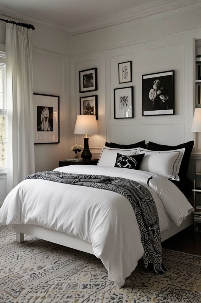 Quarto com cama e parede brancas, e quadros com molduras pretas
