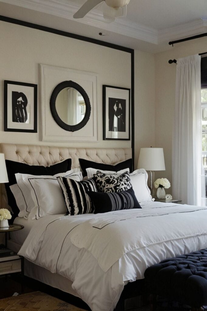 Quarto com parede, cortinas e cabeceira branca e detalhes em preto