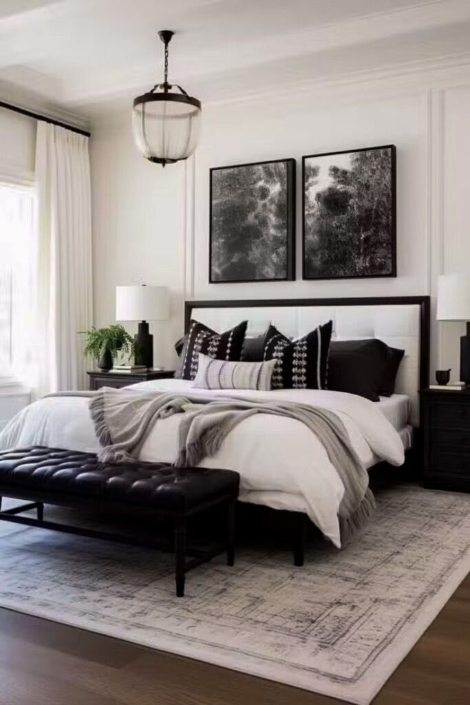Quarto com parede branca com boiserie na mesma cor e detalhes em preto