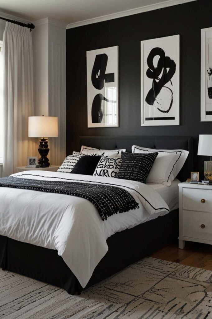 Quarto com cama e parede pretas e quadros com moldura branca