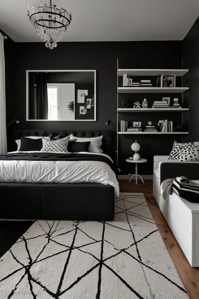 Quarto com parede preta, espelho e prateleiras brancas