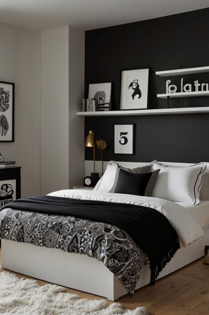 Quarto com parede preta na cabeceira e detalhes em branco