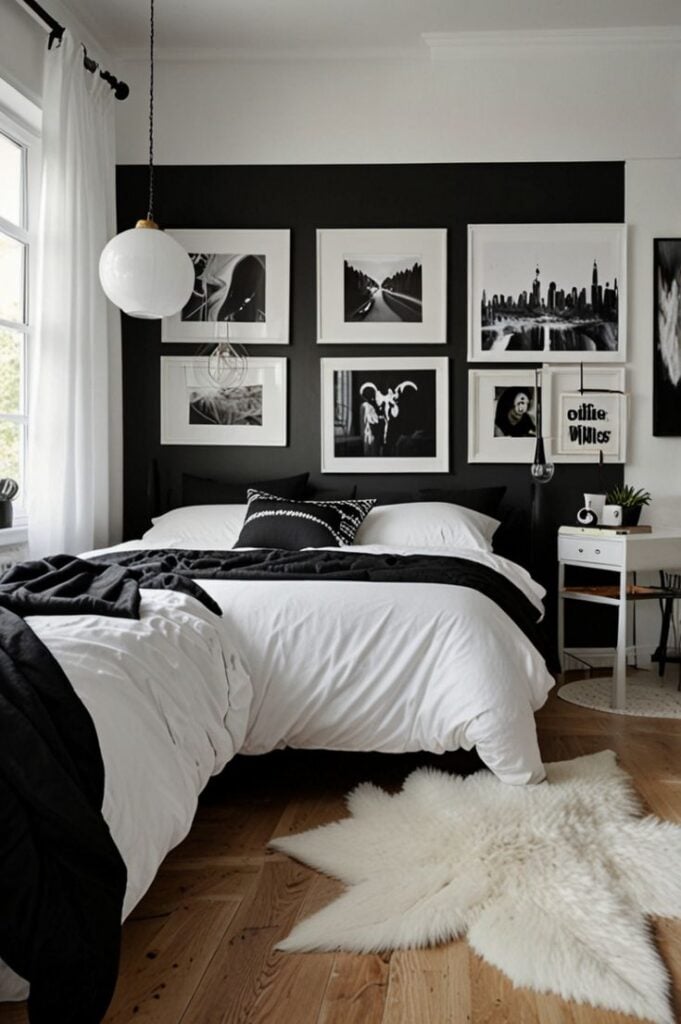 Quarto branco com parede em destaque preta, e tapete felpudo bege