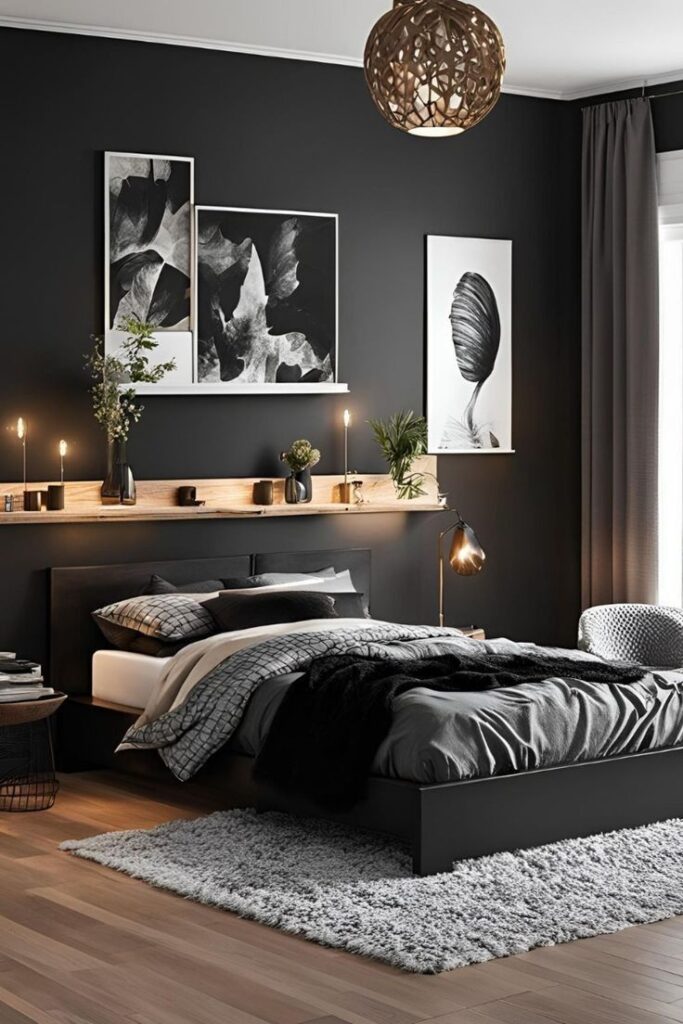 Quarto com tons de preto, cinza e branco e prateleira em madeira