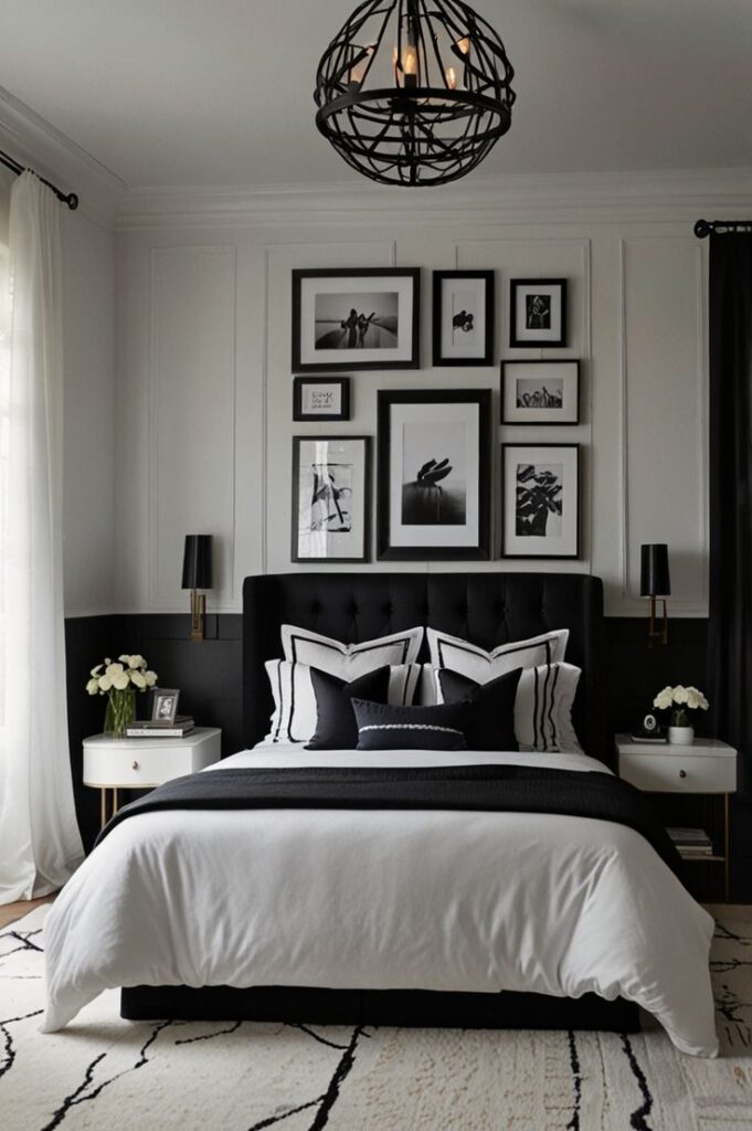 Quarto com cama preta, parede branca com boiserie e quadros com molduras pretas