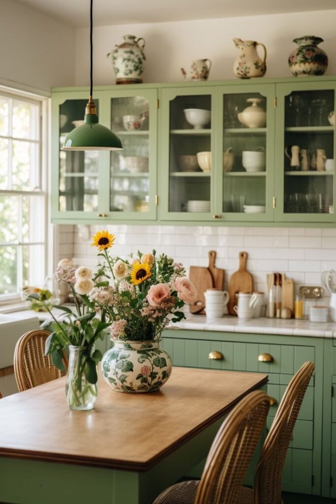 Cozinha verde e branco com pendente e vaso de flores