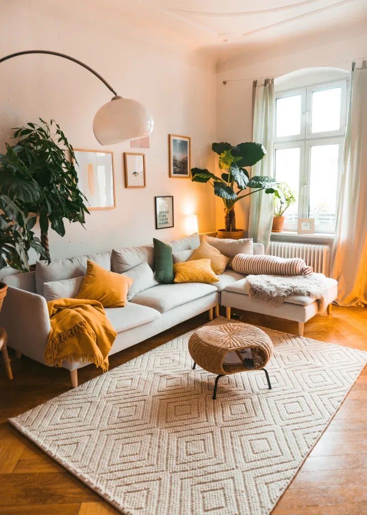 Sala com sofá em L, almofadas verde e laranja, e luminária de piso
