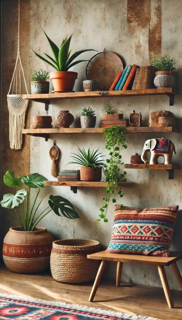 Espaço com prateleiras, almofada com tramas coloridas e vários vasos