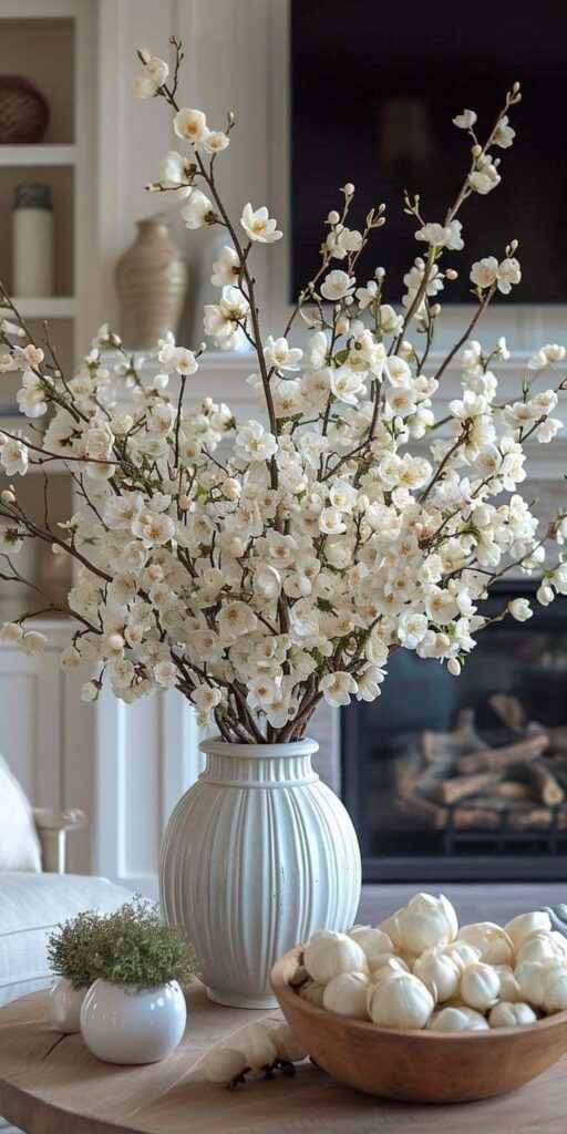 Mesa de centro de madeira com vaso em cerâmica na cor off-white com flores brancas pequenas