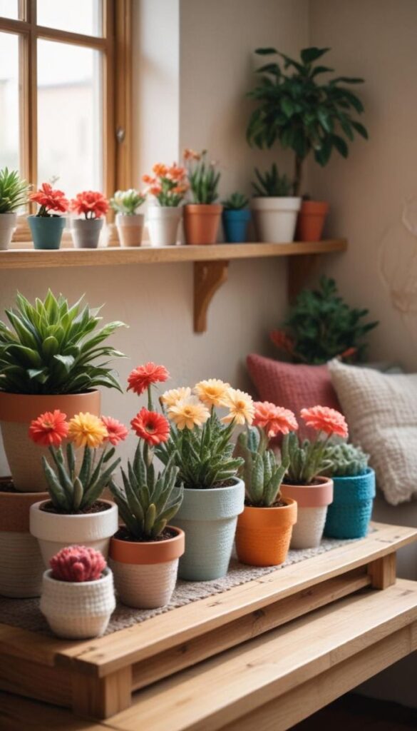 Vasinhos de diferentes tamanhos e cores com flores amarelas e laranja