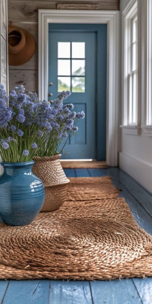 Corredor azul com tapete de fibras naturais e dois vasos com flores azuis