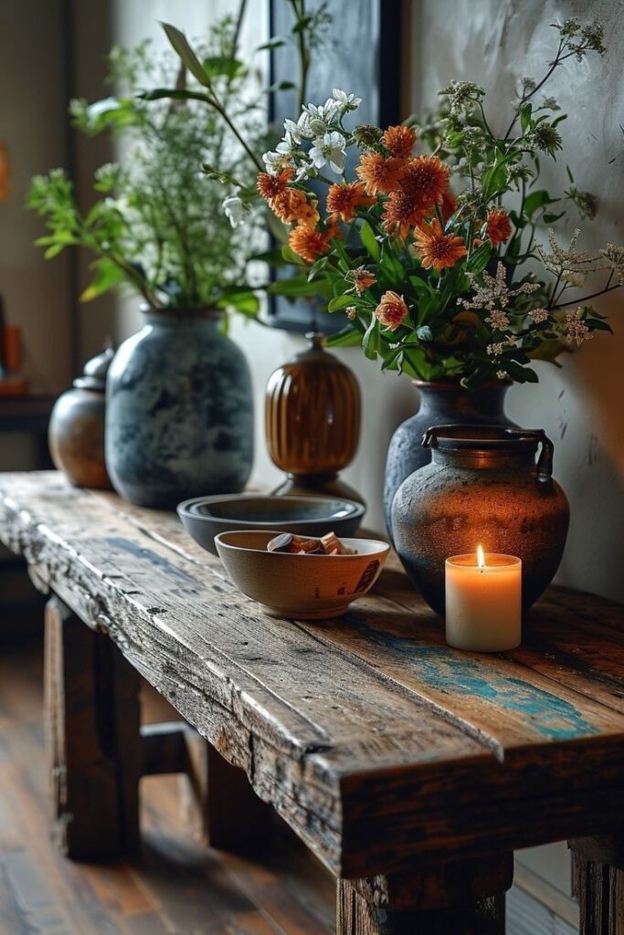 Banco de madeira com vela e vasos com plantas e flores