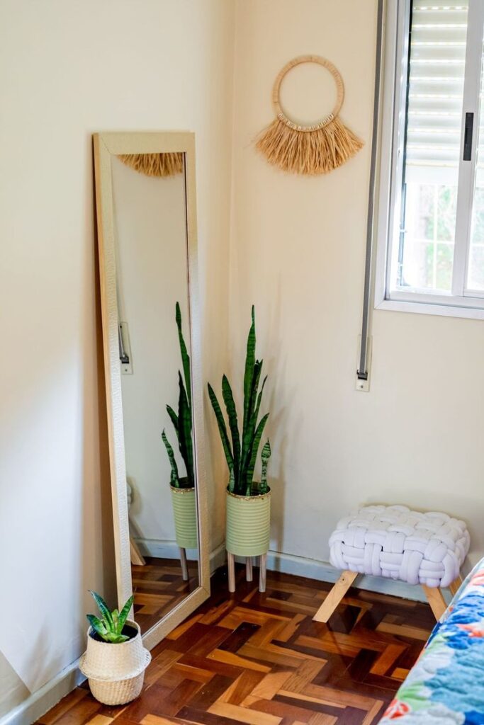 Cantinho de quarto com espelho retangular e vasos com plantas