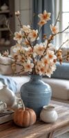 Mesa de centro de sala com vaso azul e flores claras
