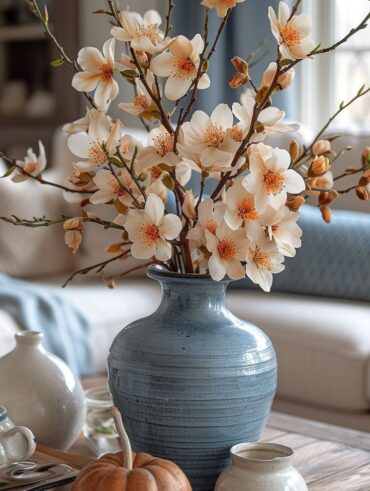 Mesa de centro de sala com vaso azul e flores claras