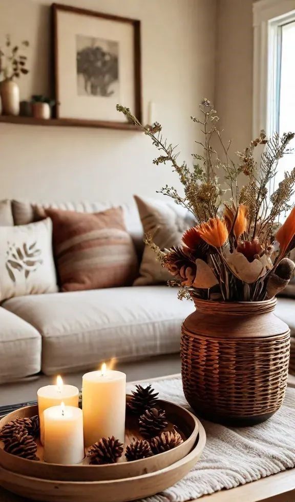 Sala em tons claros e terrosos com vaso de flores de vime