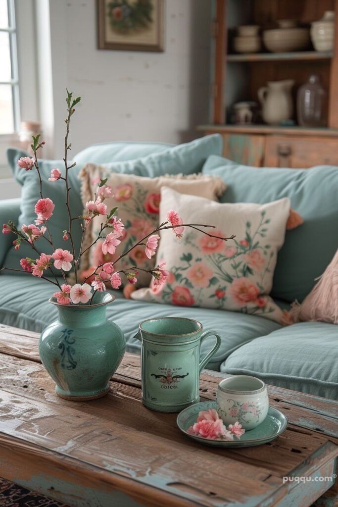 Sala com sofá azul, almofadas com flores, e vasinhos azuis