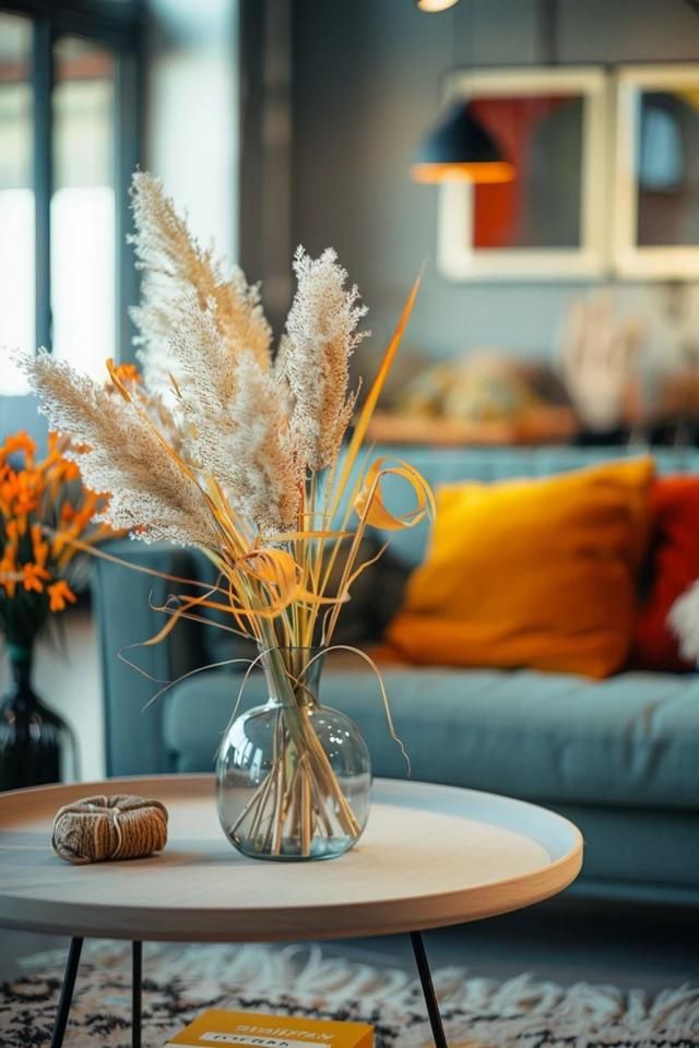 Sala com sofá azul e almofadas laranja, com mesa de centro minimalista e vasinho de vidro