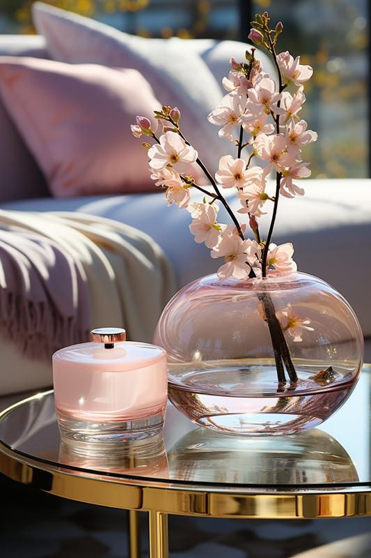 Mesa de centro com tampo de vidro e lateral dourada, com vaso de vidro e um ramo de flores