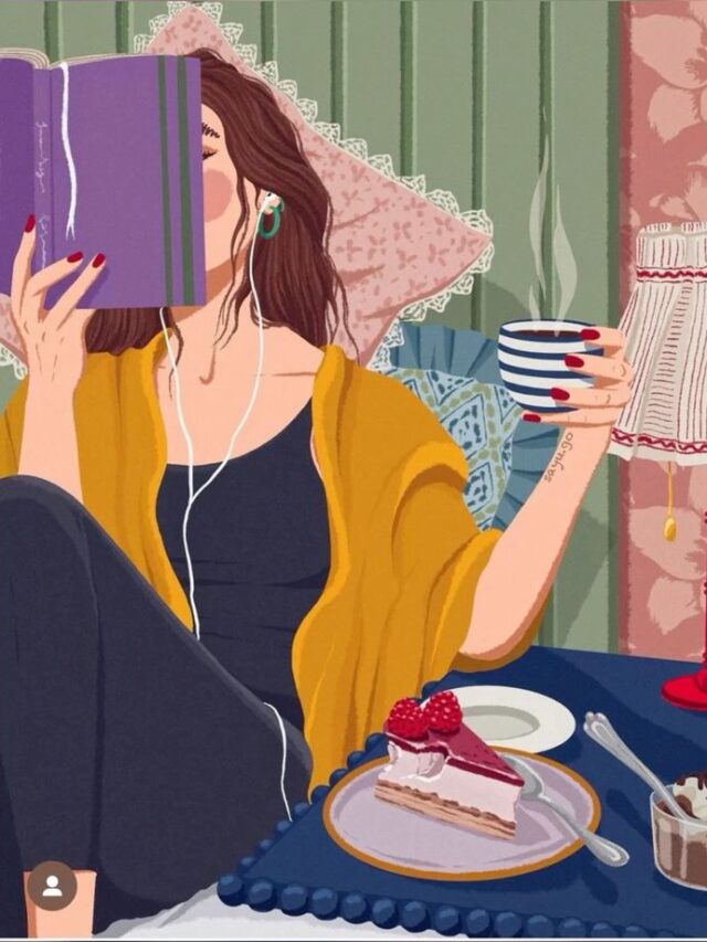Desenho de uma mulher lendo um livro com um café na mão