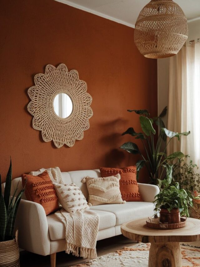 Sala com parede em cor terrosa, sofá off-white e mesa de centro de madeira
