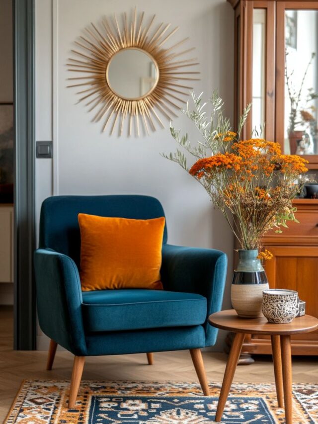 Poltrona azul de veludo com almofada laranja ao lado de uma mesinha com flores