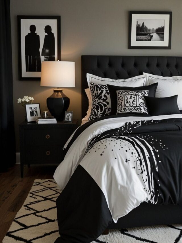 Quarto com parede cinza, cama preta e tapete em tom claro