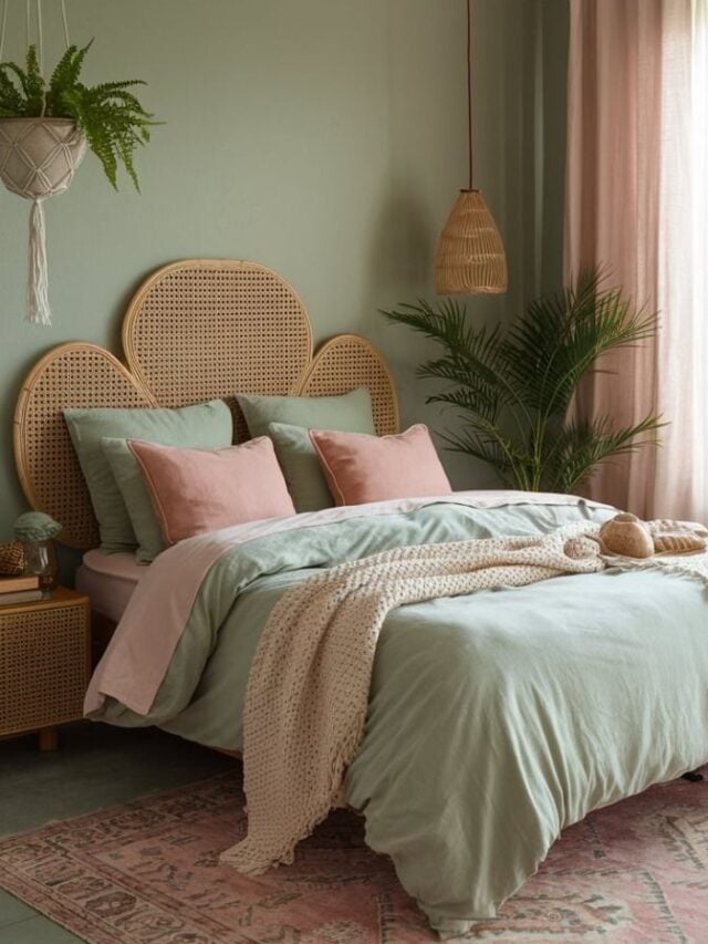 Quarto com parede verde claro, cama com cabeceira de telinha com roupa de cama rosa e verde claro