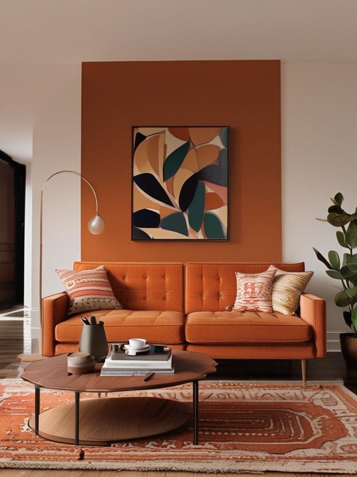 Sala de estar com sofá e parede laranja com luminária de piso