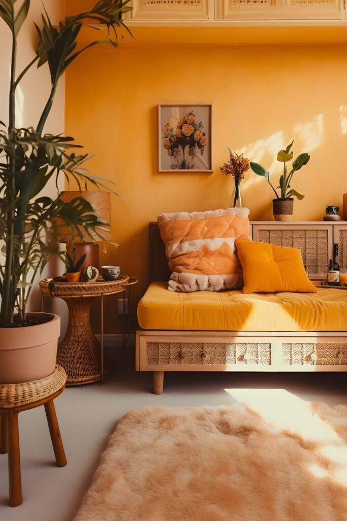 Espaço com parede alaranjada, com móvel com detalhes em palhinha, mesa lateral de vime e plantas