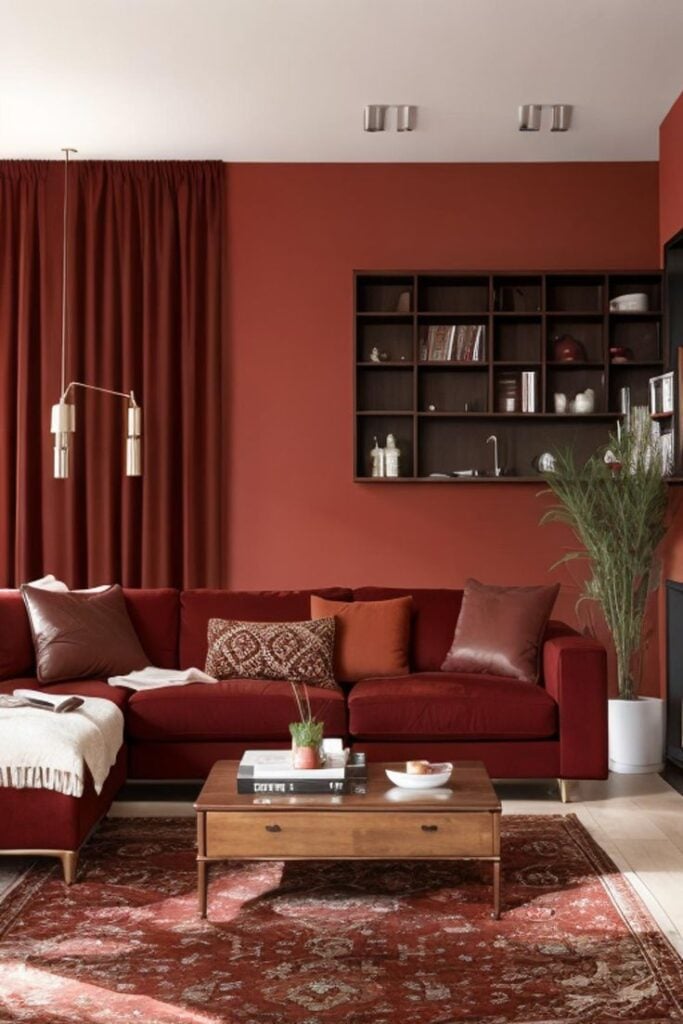 Sala de estar com sofá de veludo bordô, parede em tom de vermelho e mesa de centro de madeira