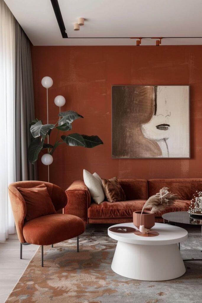 Sala com parede terracota, planta, sofá e poltrona em veludo