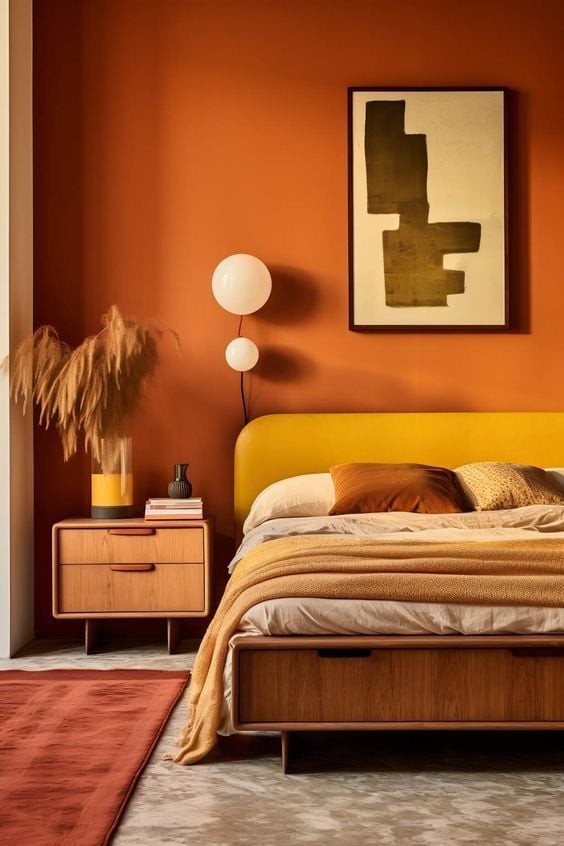 Quarto com parede terracota e cabeceira em tom de mostarda