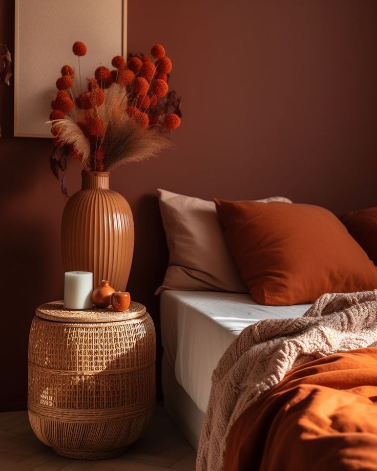 Quarto com parede marrom, vaso em cima de um cesto decorativo
