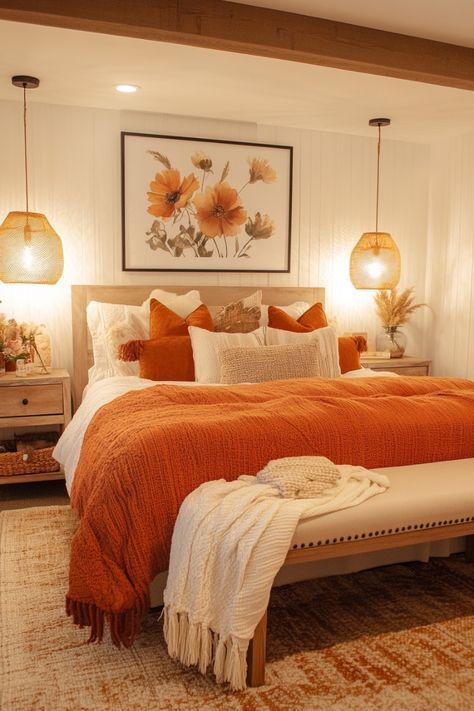 Quarto de casal com parede claras e roupa de cama neutra e tons de laranja