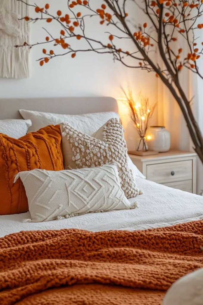 Quarto com roupa de cama off-white e alaranjada com texturas