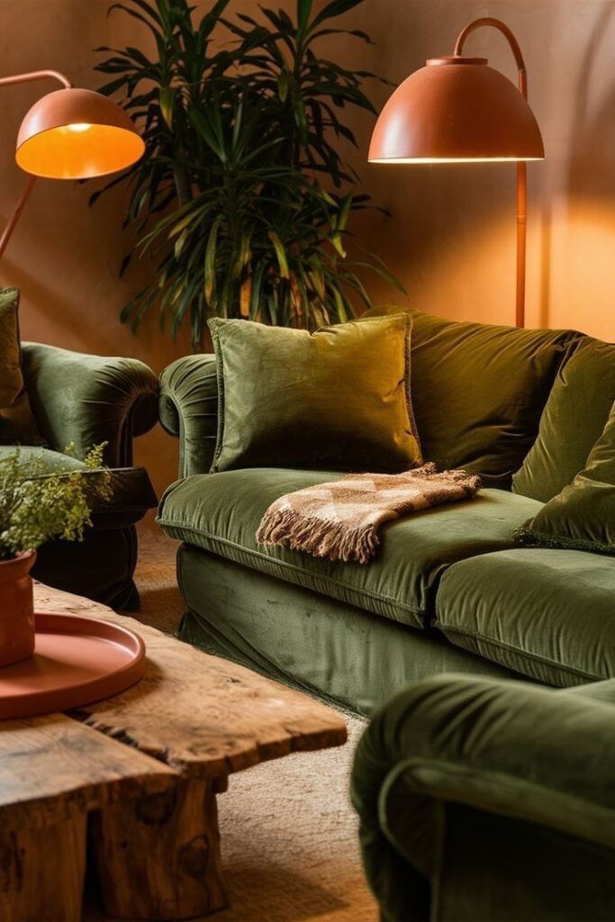 Sala de estar com mesa de madeira rústica, sofá em veludo verde-musgo e luminárias de chão