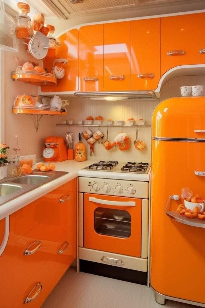 Cozinha no estilo retrô laranja, com geladeira e armários com bordas arredondadas