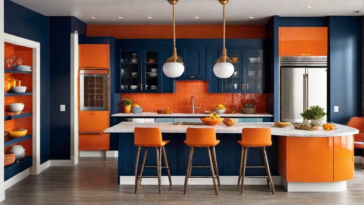 Cozinha nas cores laranja, azul-marinho e branco com pendentes
