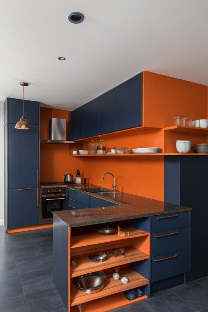 Cozinha em azul-marinho e laranja