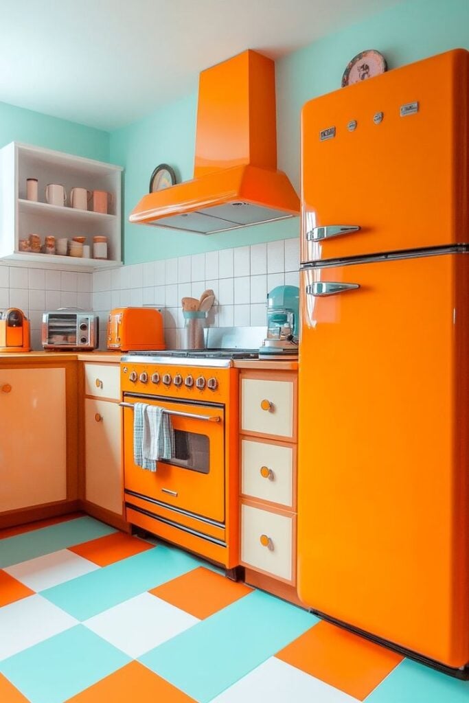 Cozinha laranja, azul e branco com elementos no estilo retrô