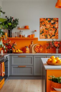 Cozinha com parede branca, revestimentos laranja, armários cinza e quadro com flores na parede