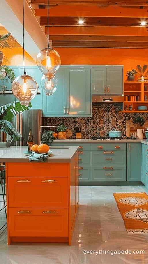 Cozinha com armários em tom de verde-menta, bancada em laranja e pendentes transparentes