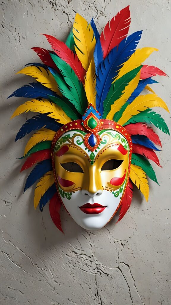 Máscara carnavalesca colorida com penas amarelas, azuis, verdes e vermelhas